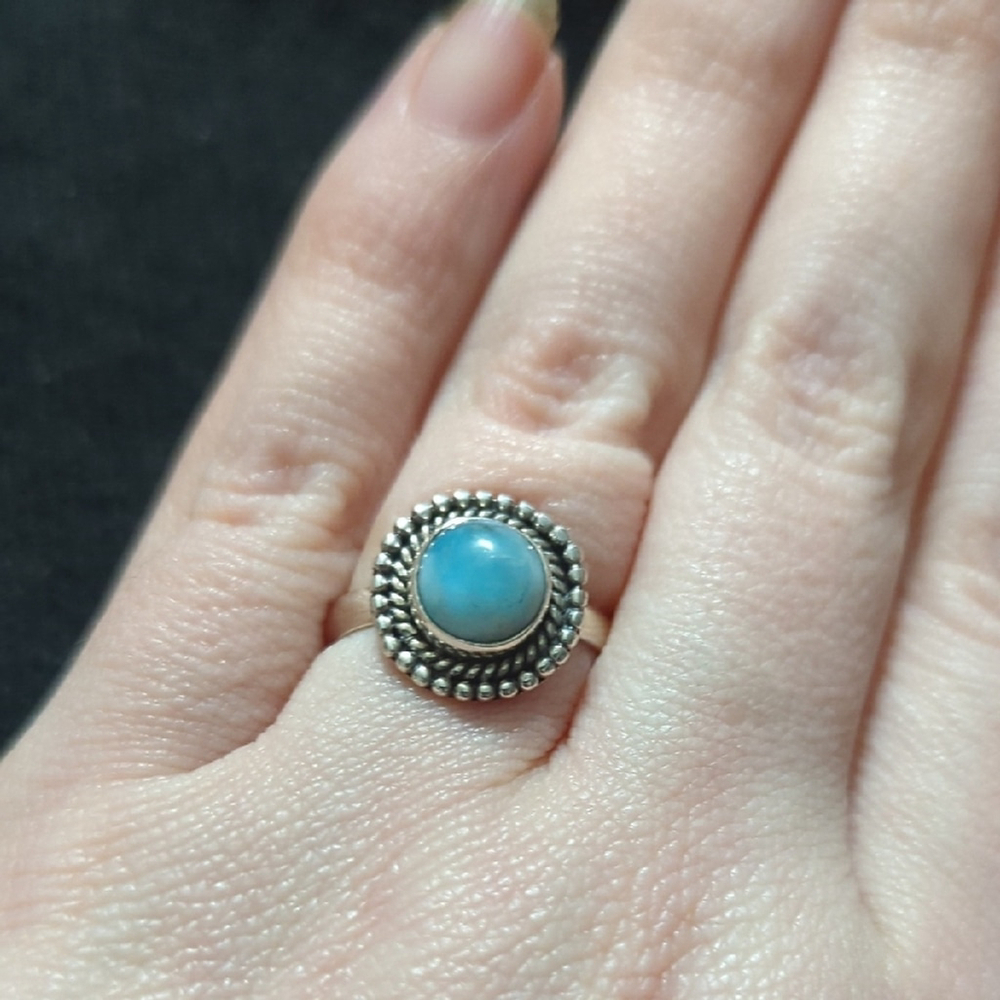 Sterling Silver and Blue Larimar Gemstone Dainty Delicate Statement Ring - 7.5